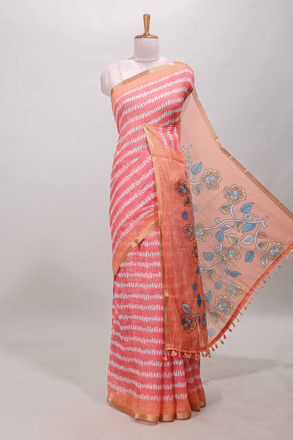 Pink floral petal striped design linen cotton saree