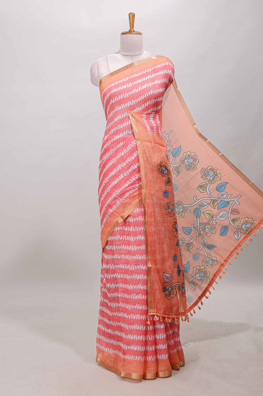 Pink floral petal striped design linen cotton saree