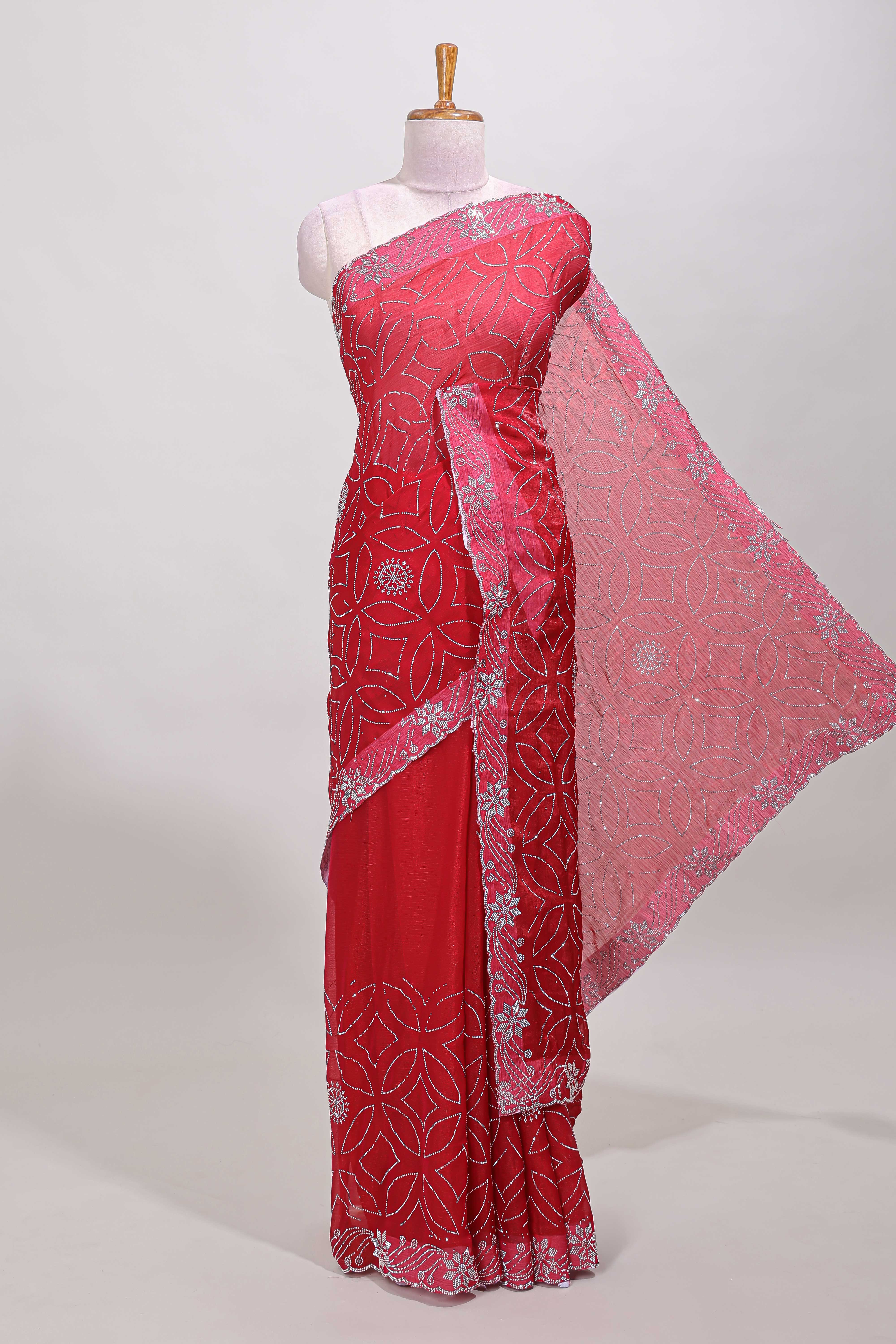 Pink floral stone work saree