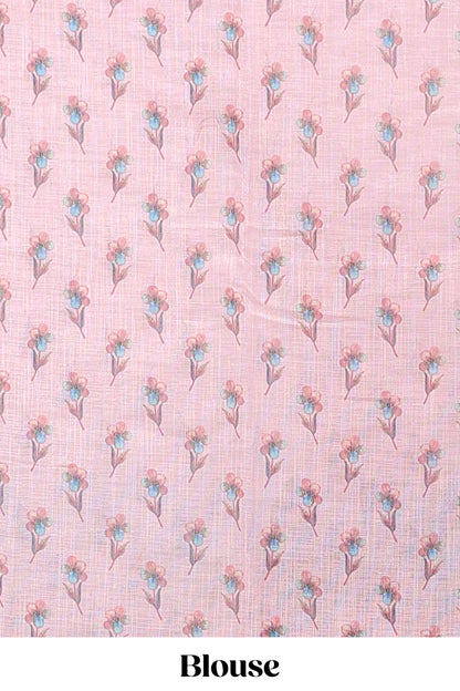Pink floral vine pattern linen saree