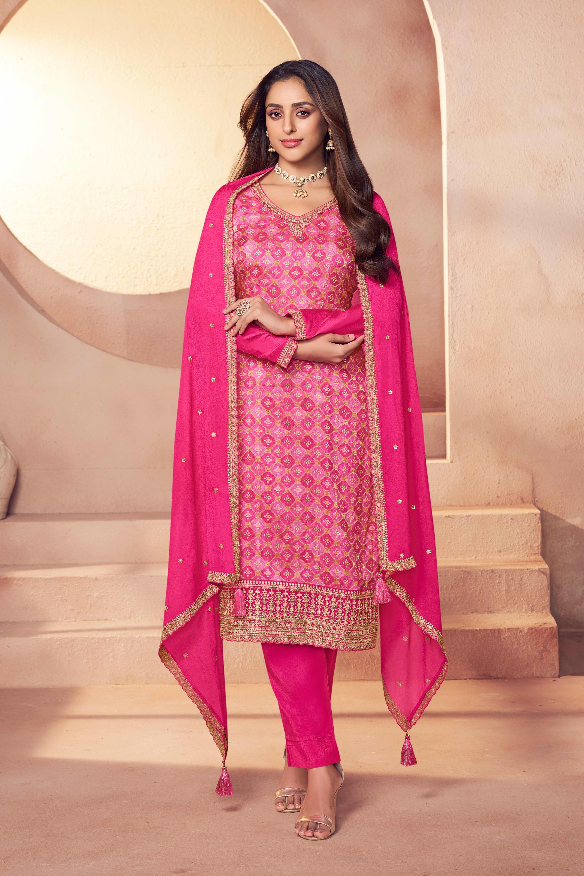 Pink jacquard moga silk suit set