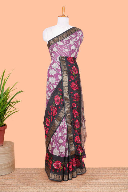 Pink kalamkari print chanderi cotton saree with zari border