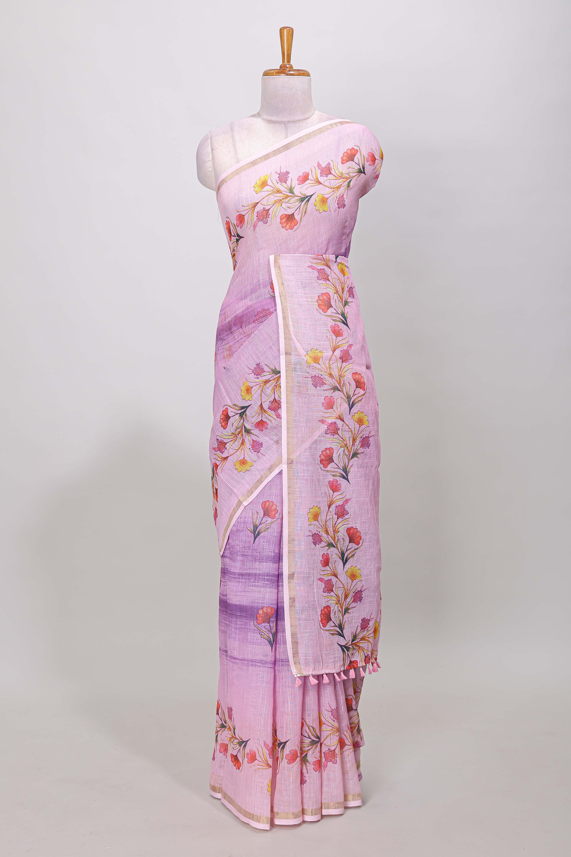 Pink linen cotton floral saree