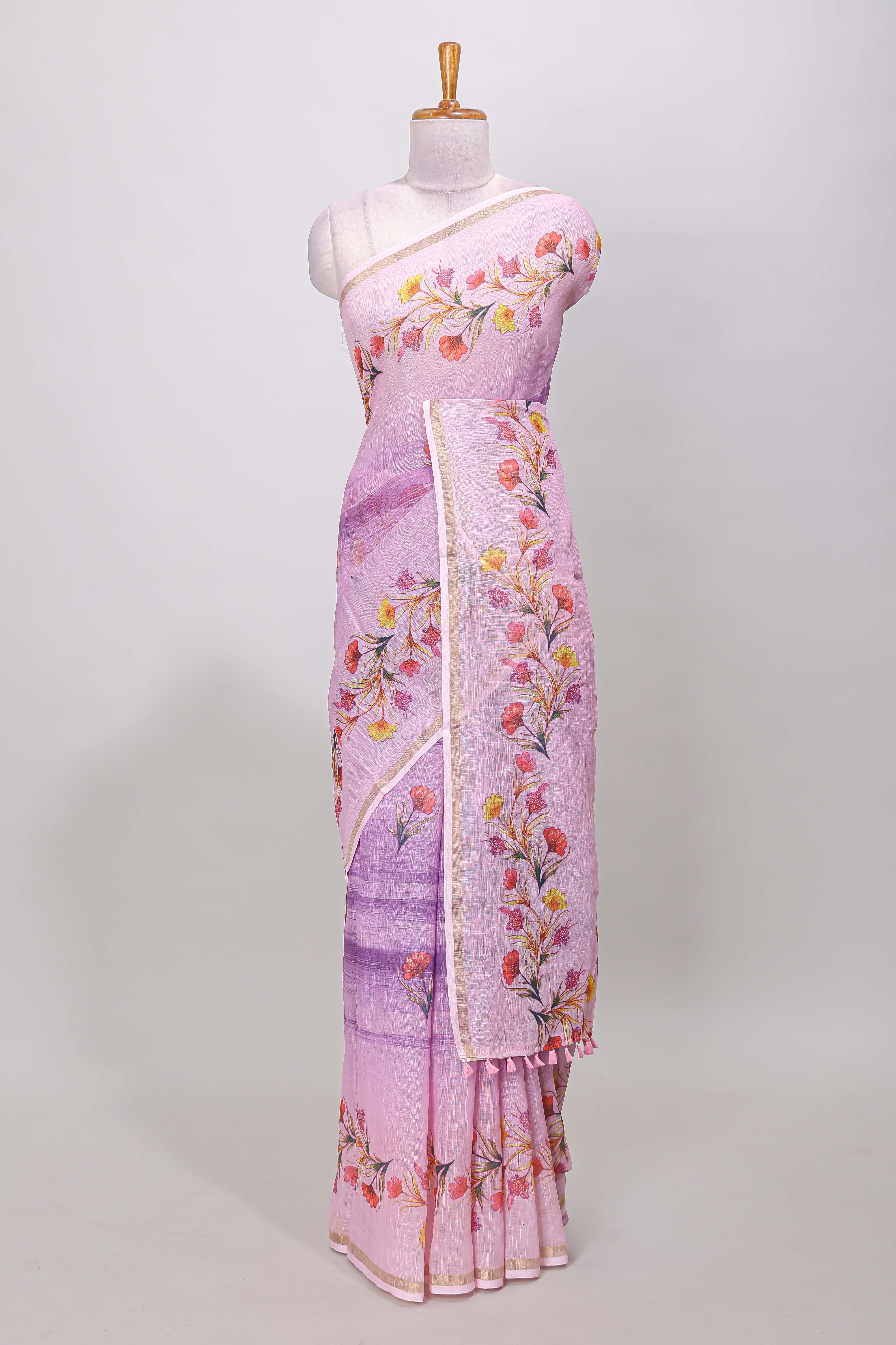 Pink linen cotton floral saree