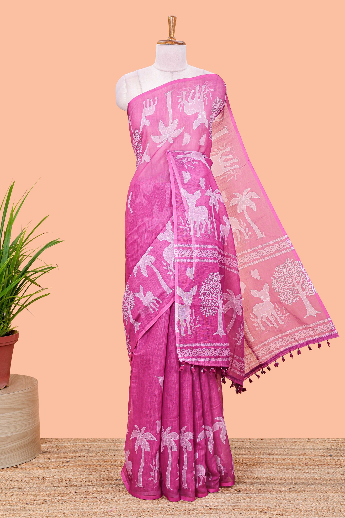 Pink linen cotton saree with contrast pallu