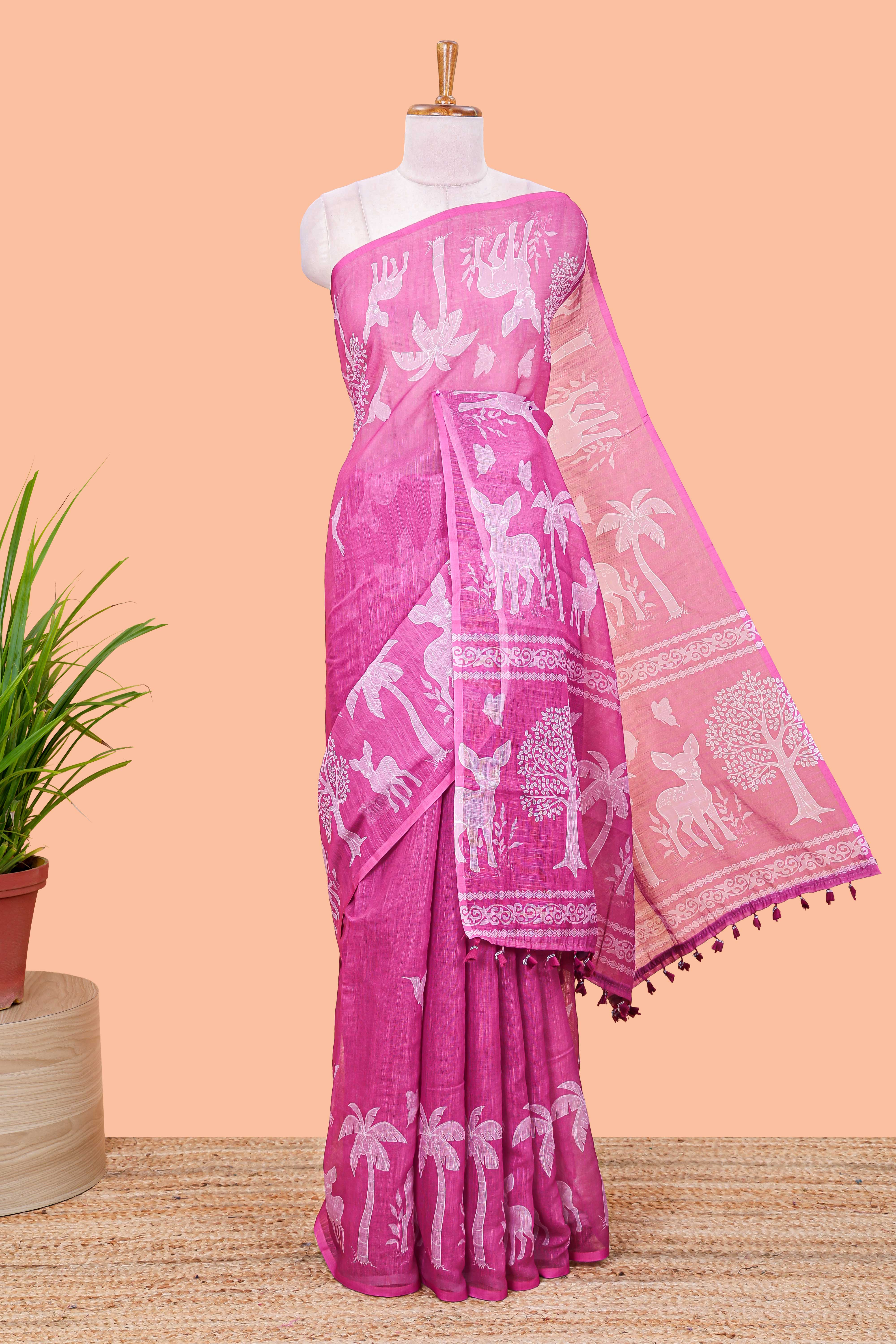 Pink linen cotton saree with contrast pallu