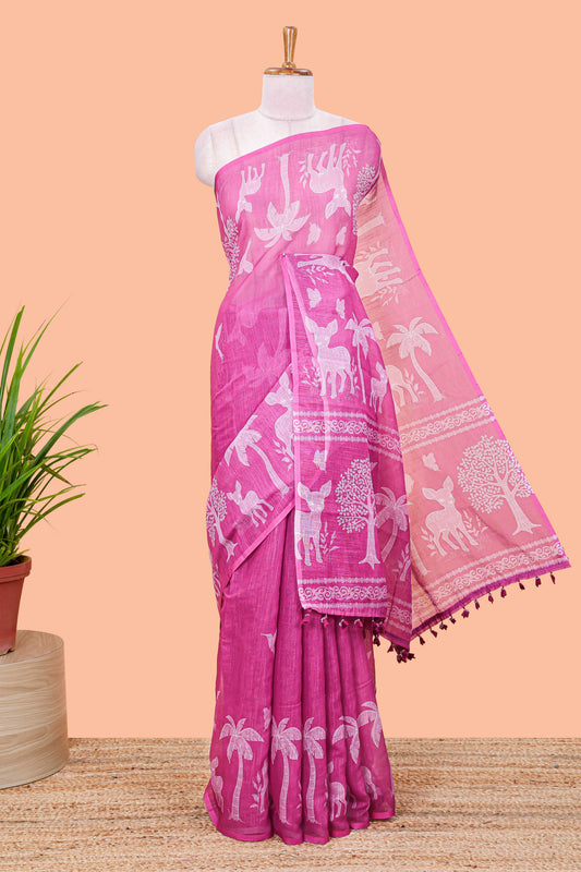 Pink linen cotton saree with contrast pallu