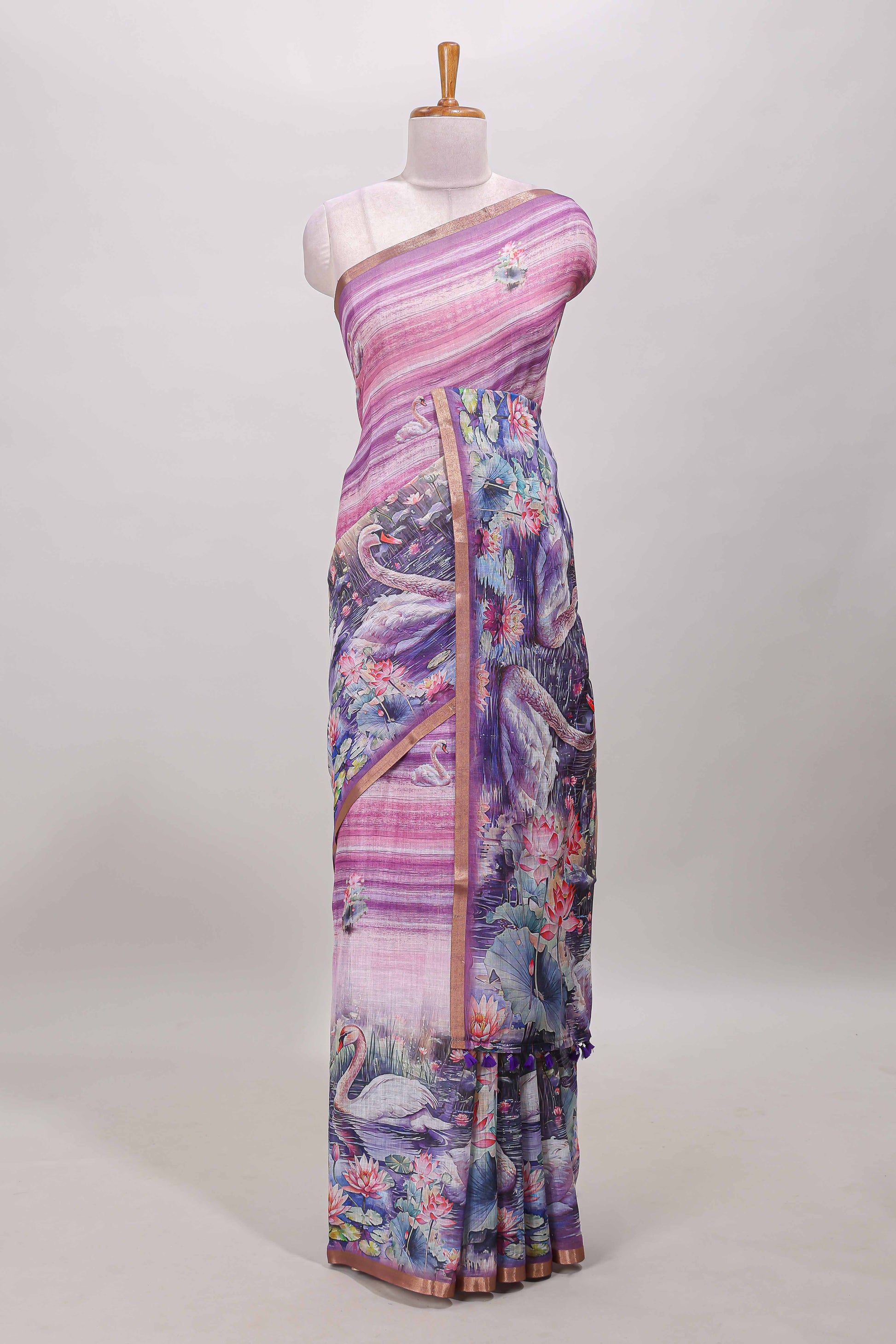 Pink linen cotton saree with swan print