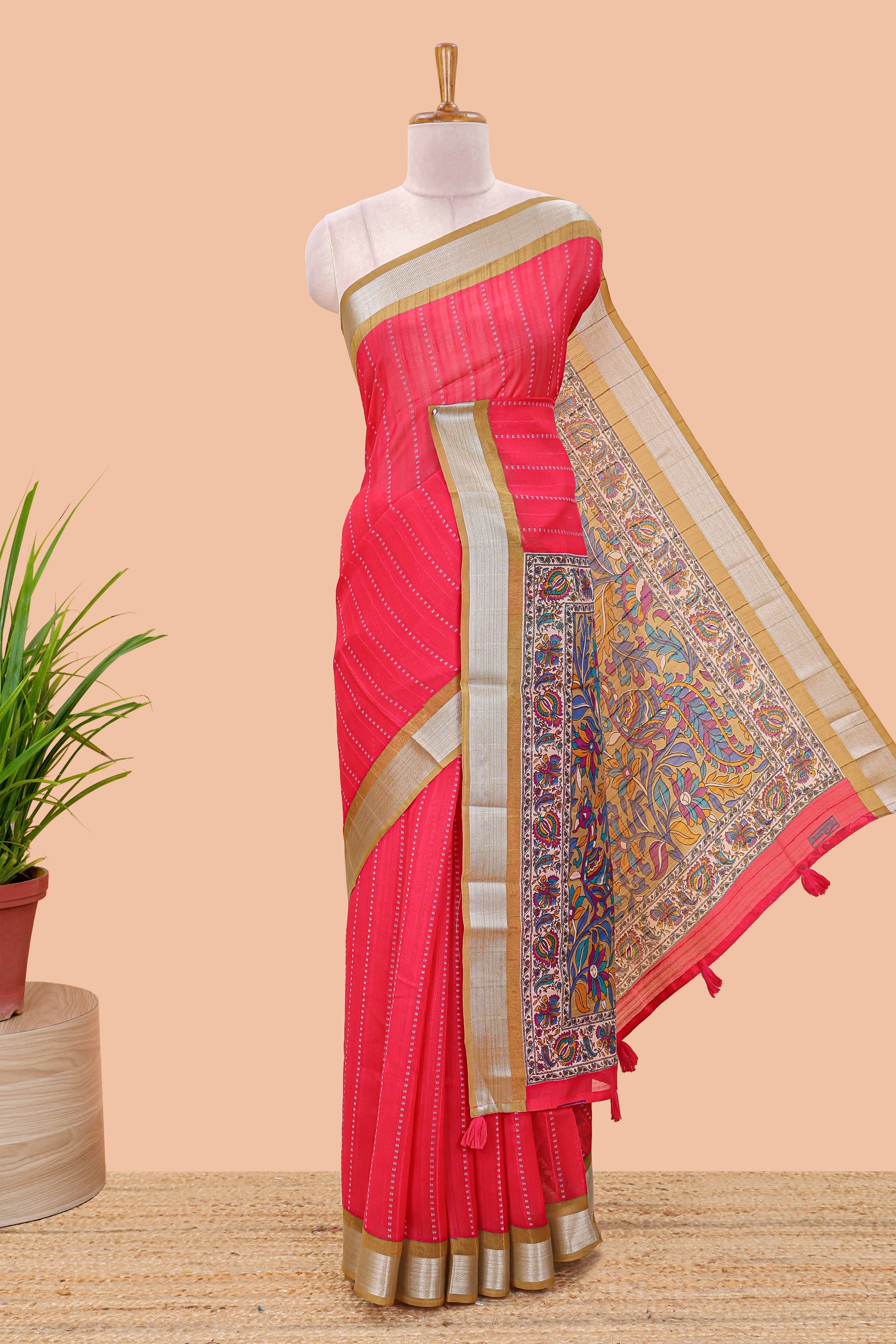 Pink linen cotton zari saree