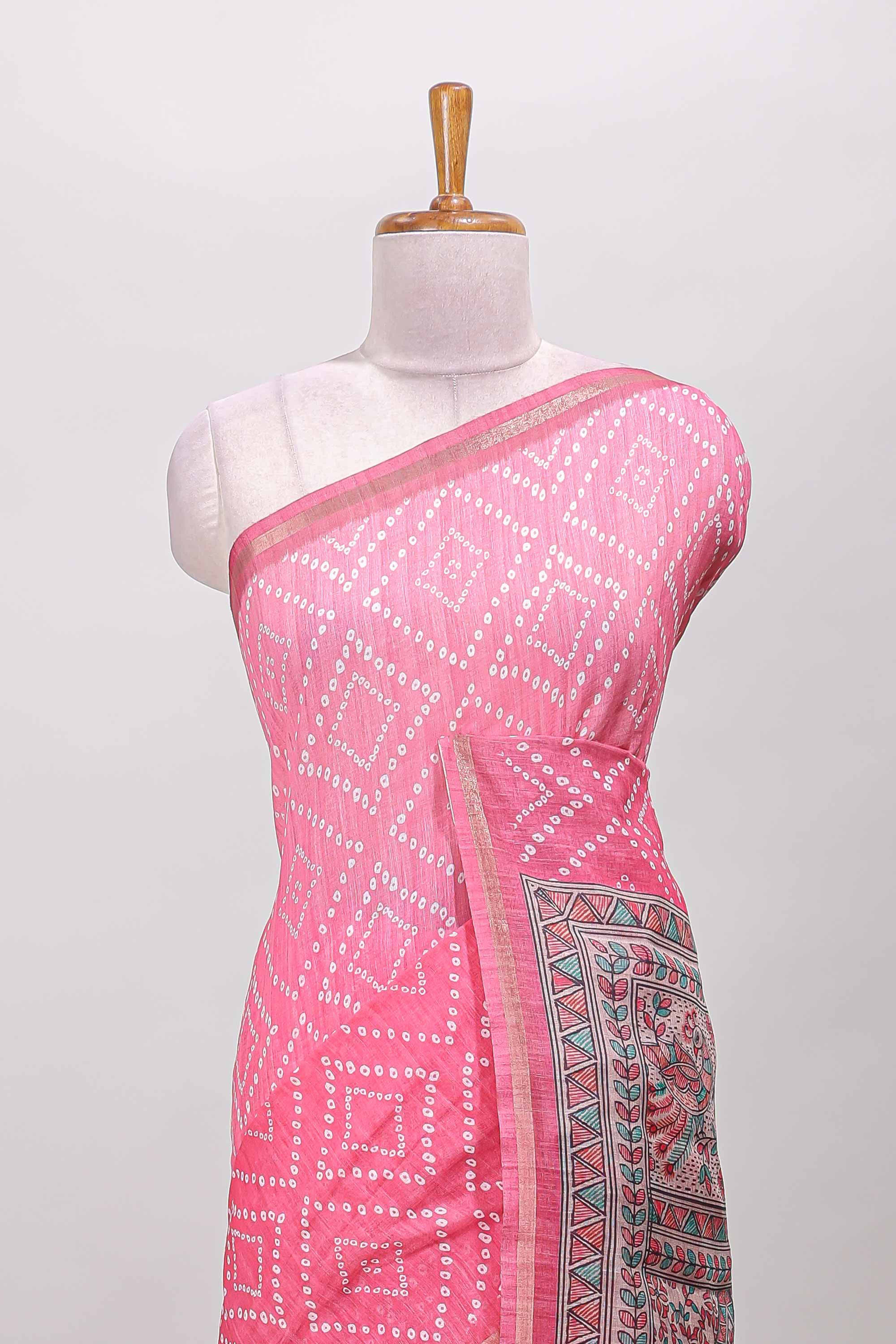 Pink linen saree with self zari borders