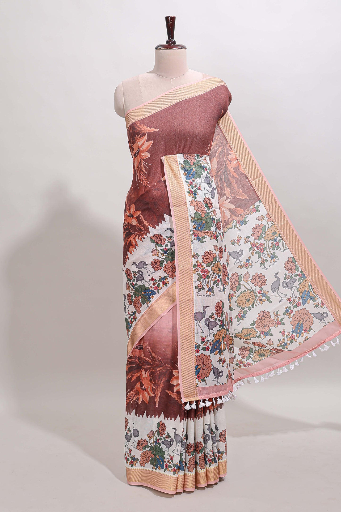 Pink milk print linen saree
