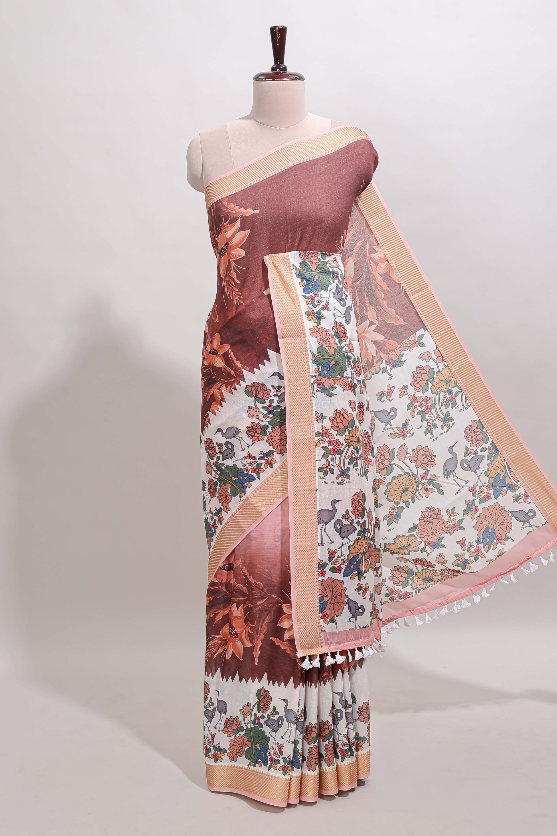 Pink milk print linen saree