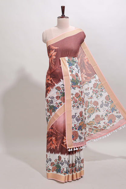Pink milk print linen saree