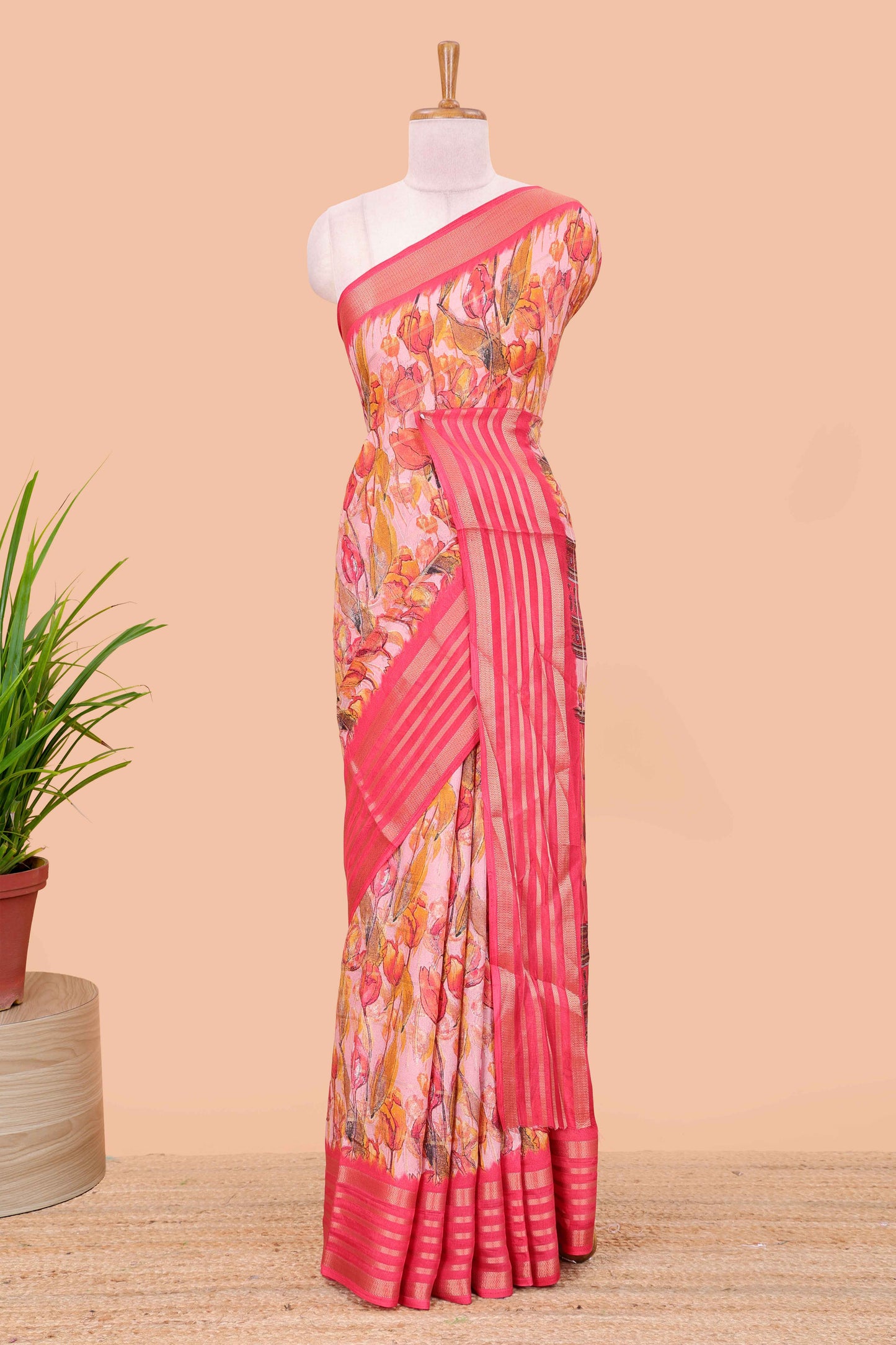 Pink moss chiffon striped saree
