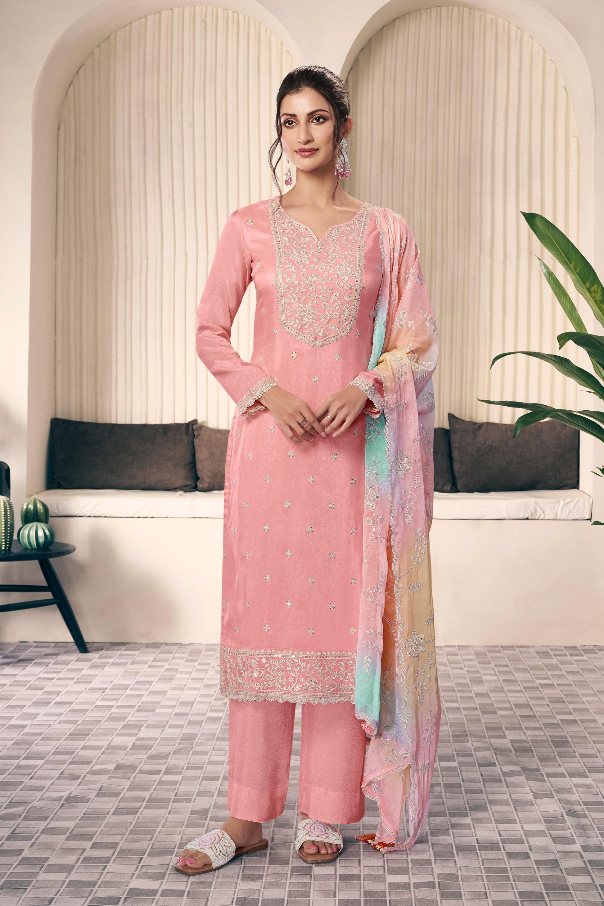Pink munga silk embroidered suit set