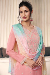 Pink munga silk thread work dress material