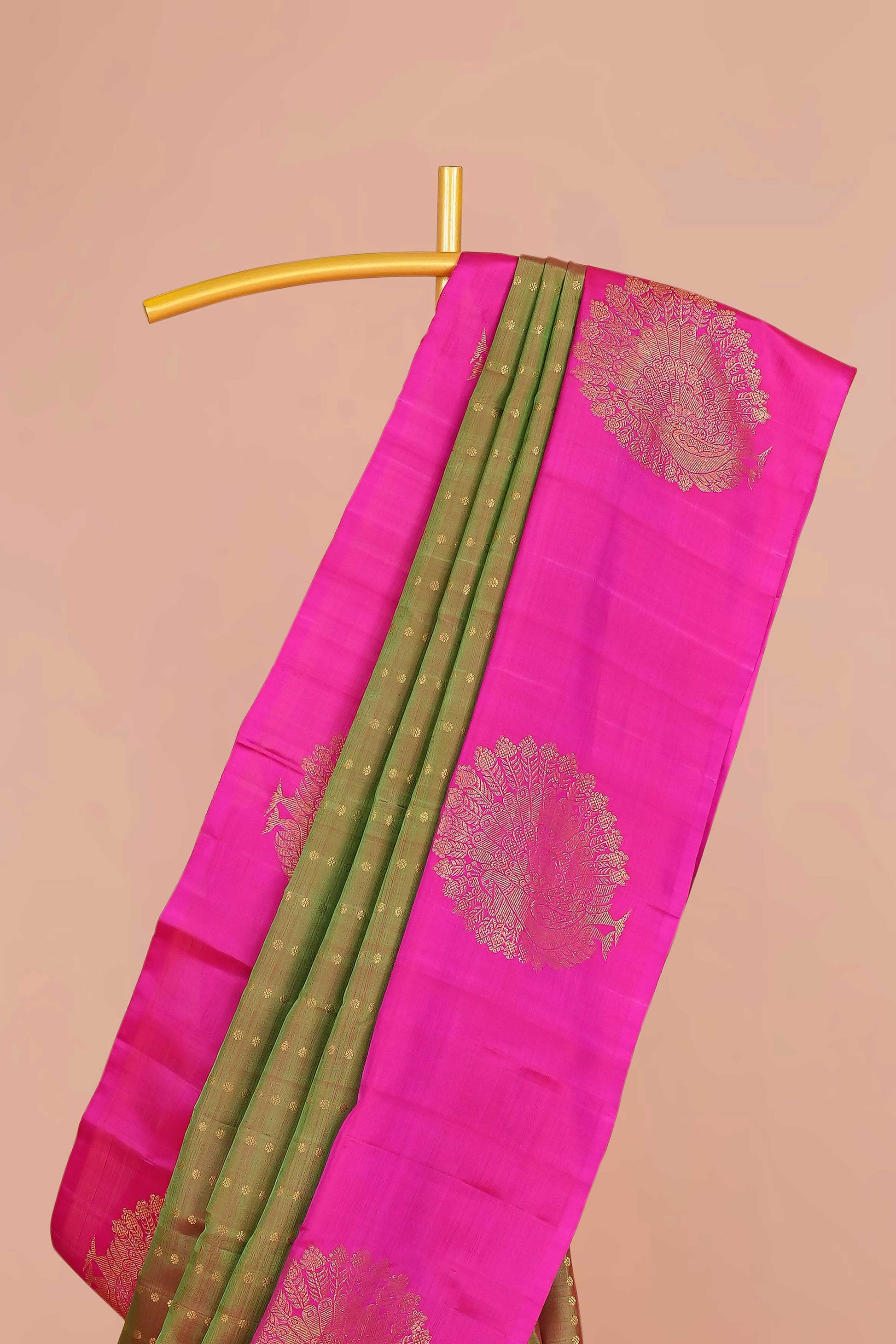 Pink olive bordered silk saree