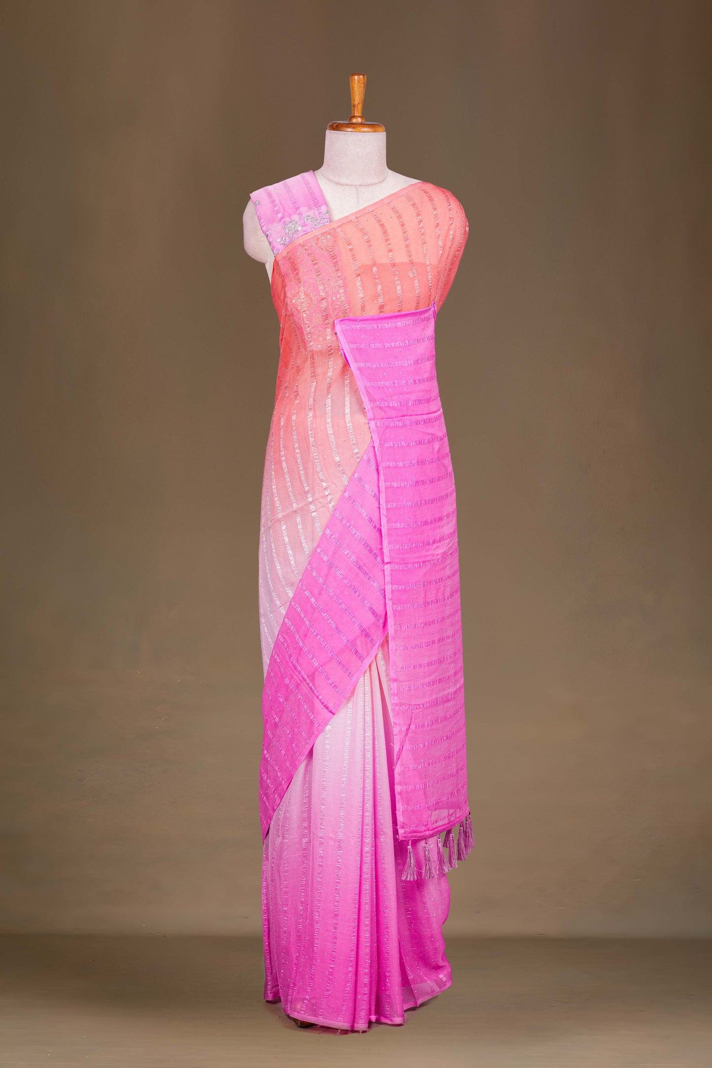 Pink orange chiffon embroidered saree