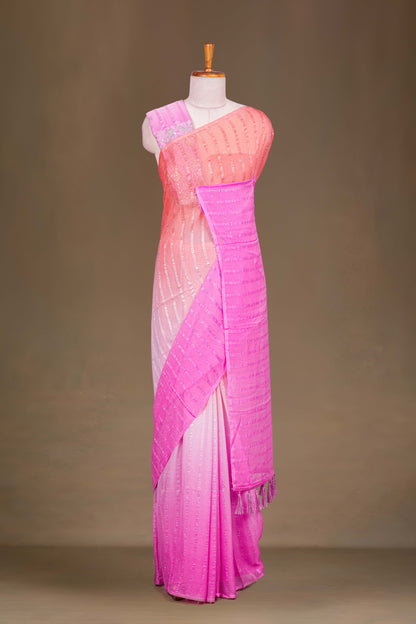 Pink orange chiffon embroidered saree
