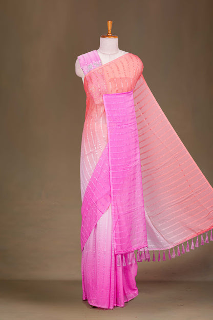 Pink orange chiffon stone saree
