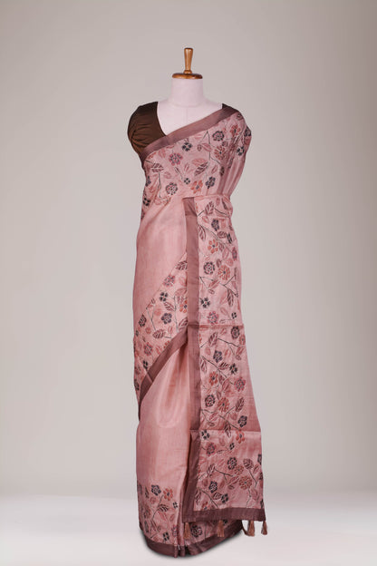 Pink printed Tussar Saree