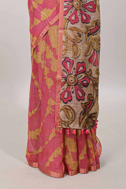 Pink printed cotton saree