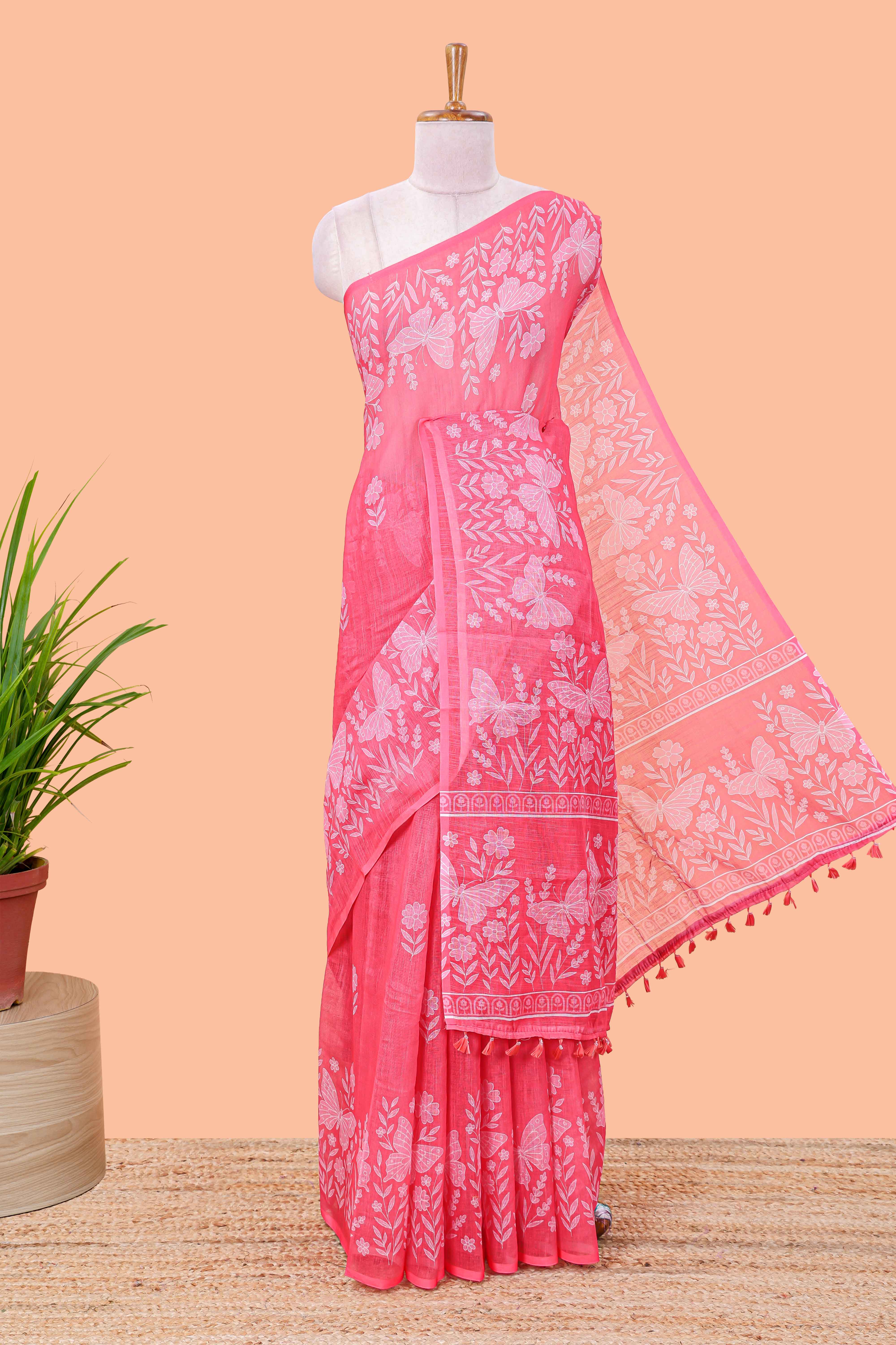 Pink printed linen cotton saree