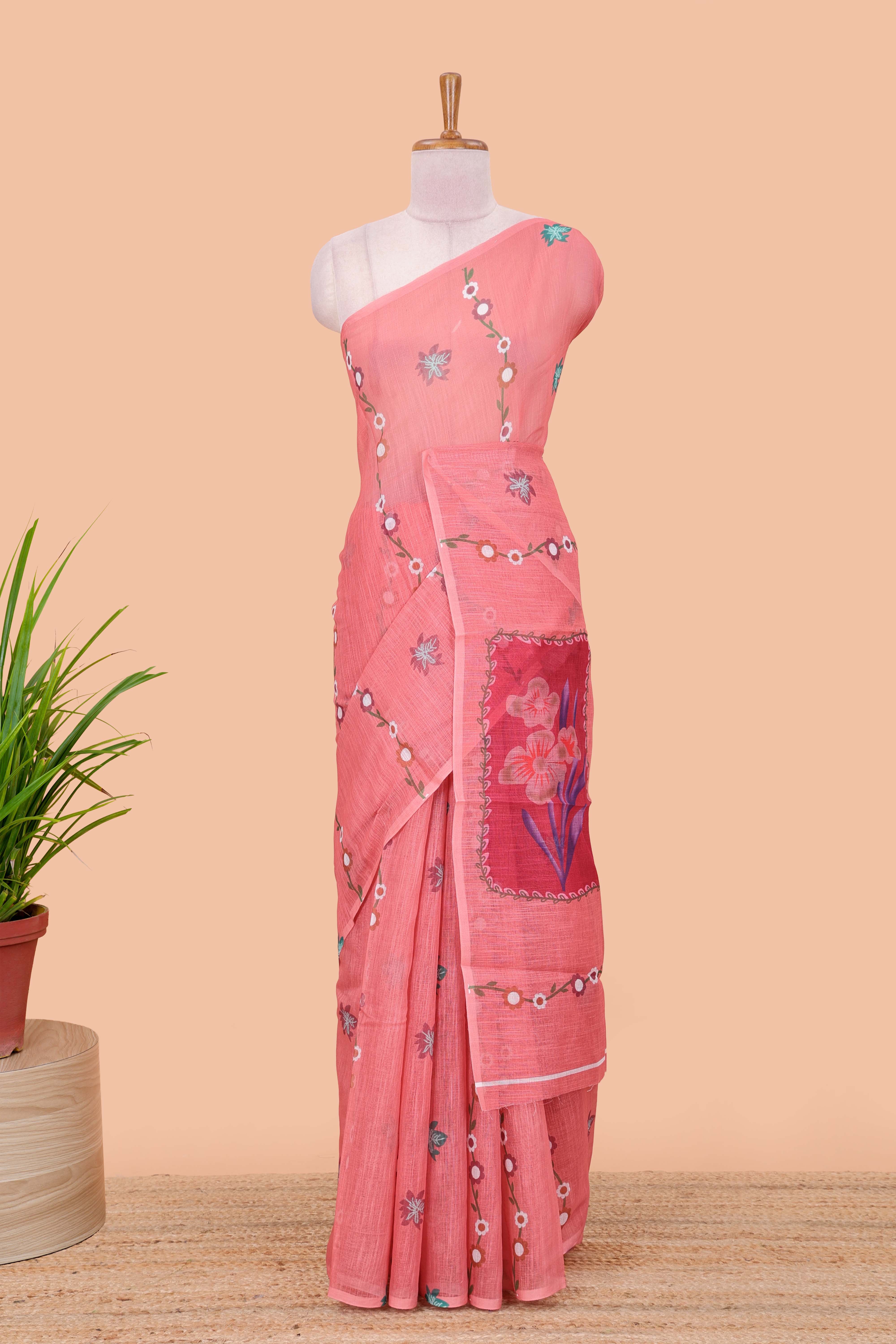 Pink printed linen saree