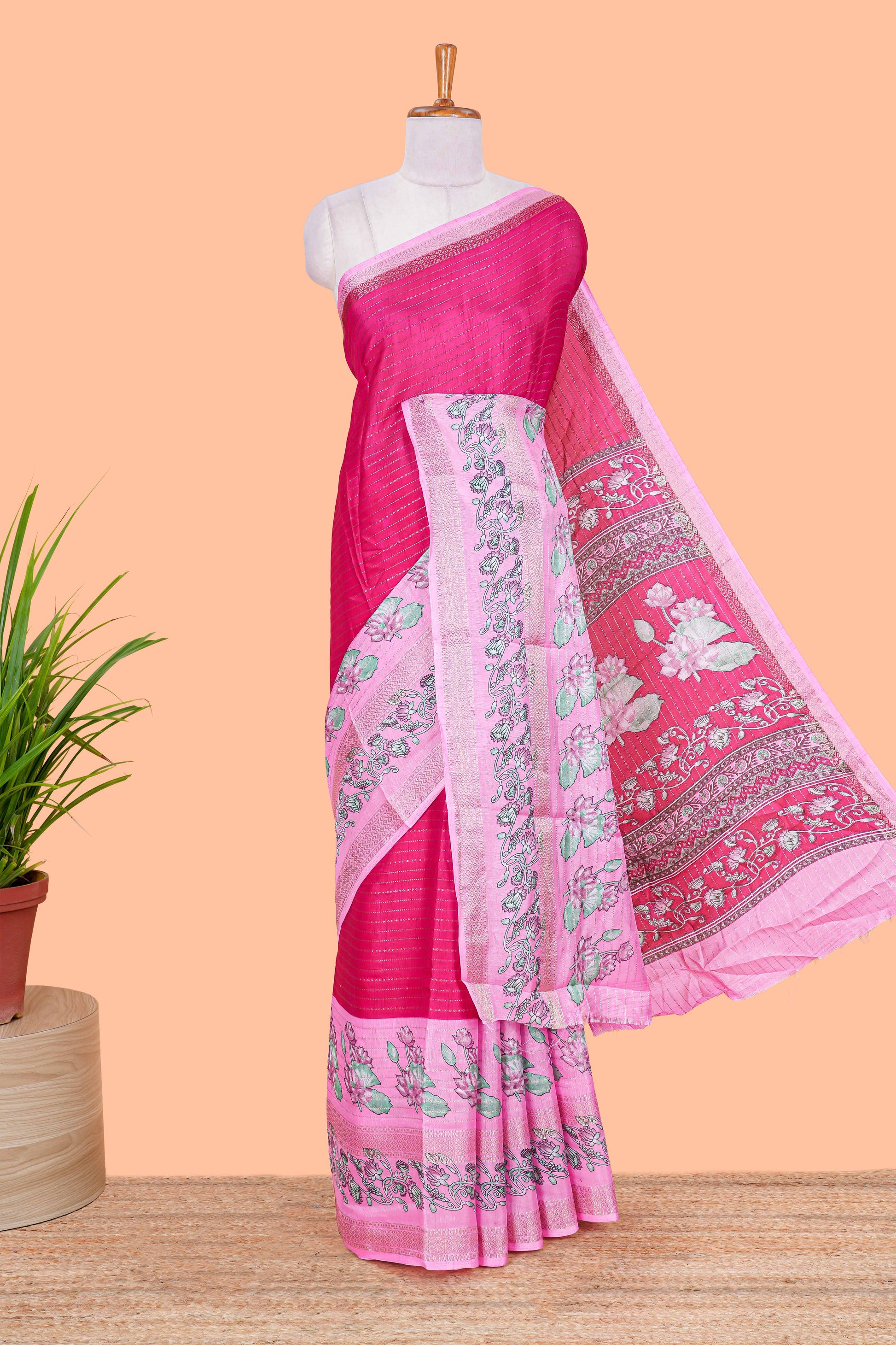 Pink printed silk saree