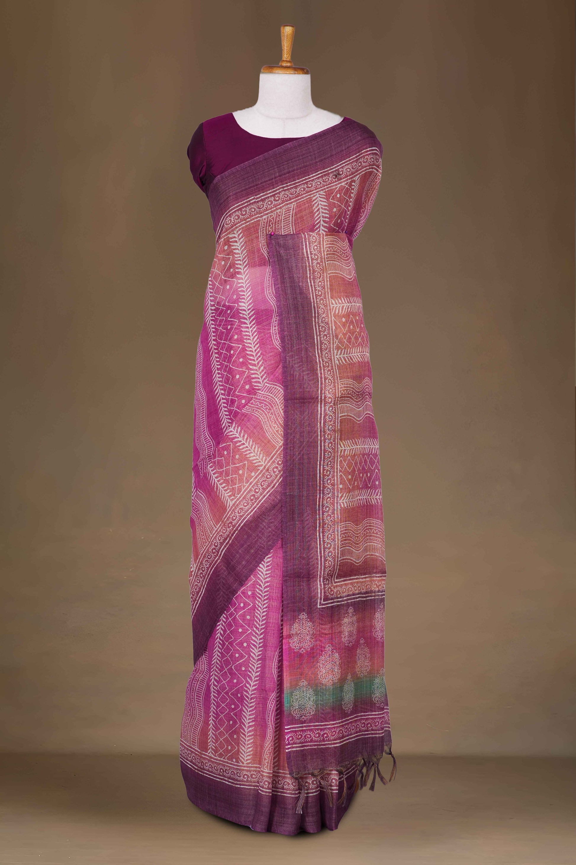 Pink pure linen saree
