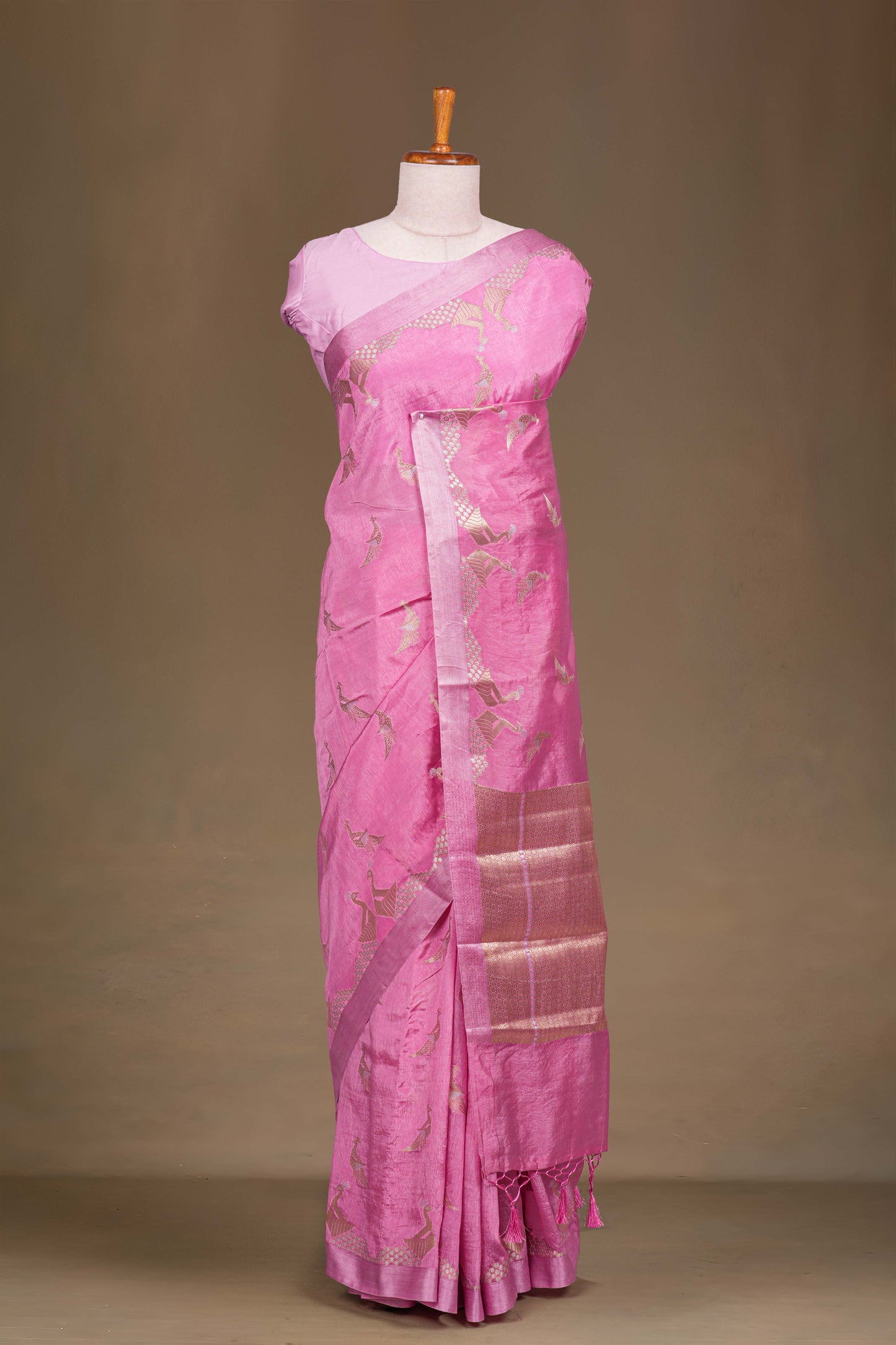 Pink raw silk broad zari saree