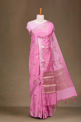 Pink raw silk peacock motif saree