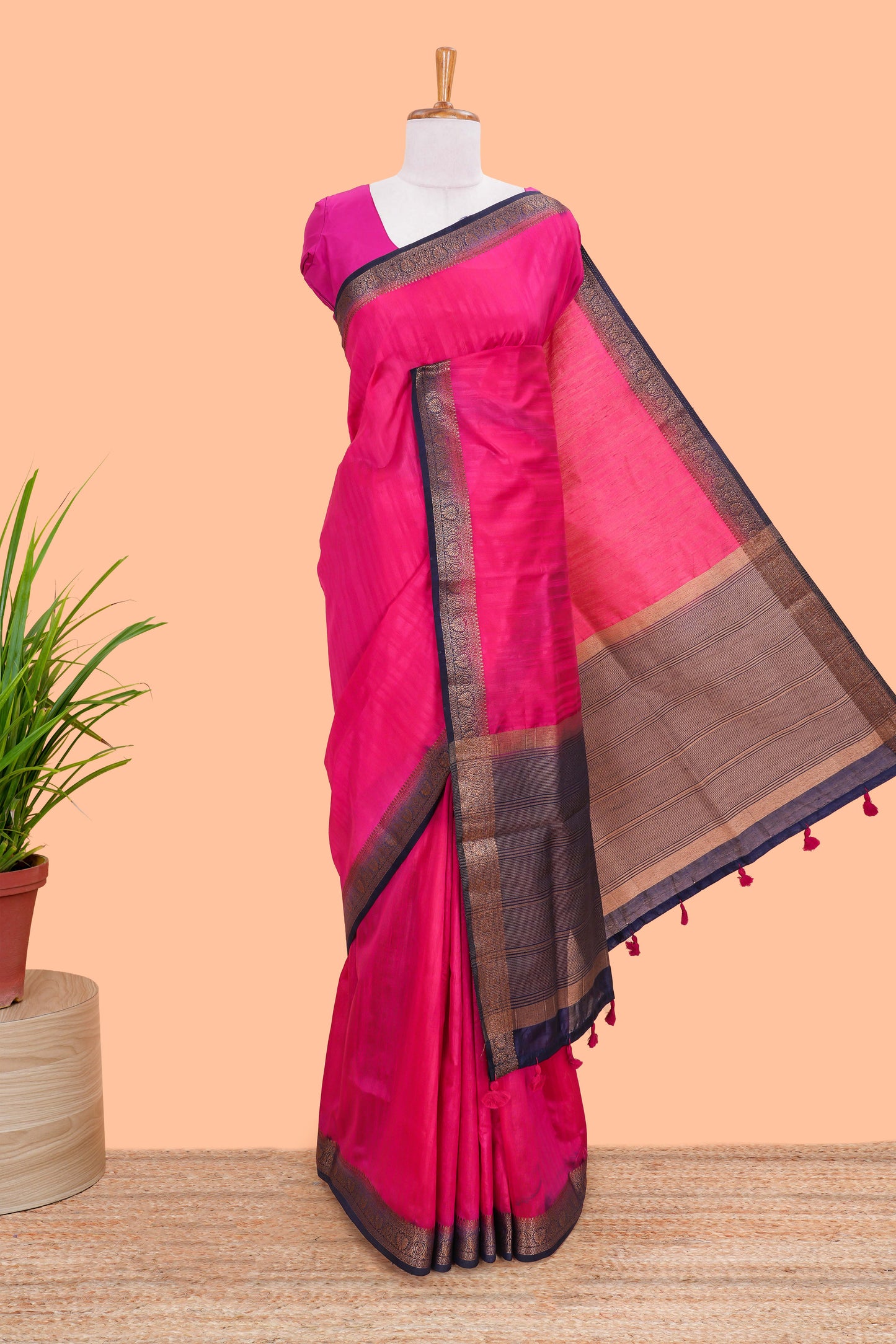 Pink raw silk plain saree