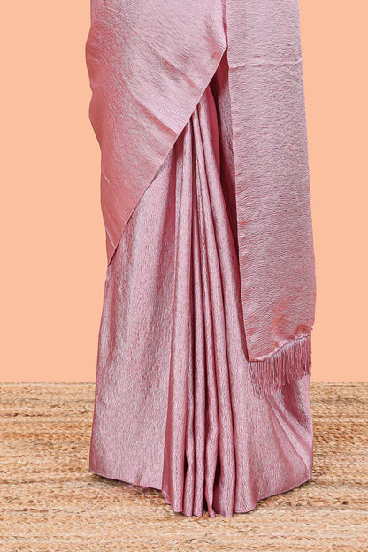 Pink satin crepe contrast blouse saree