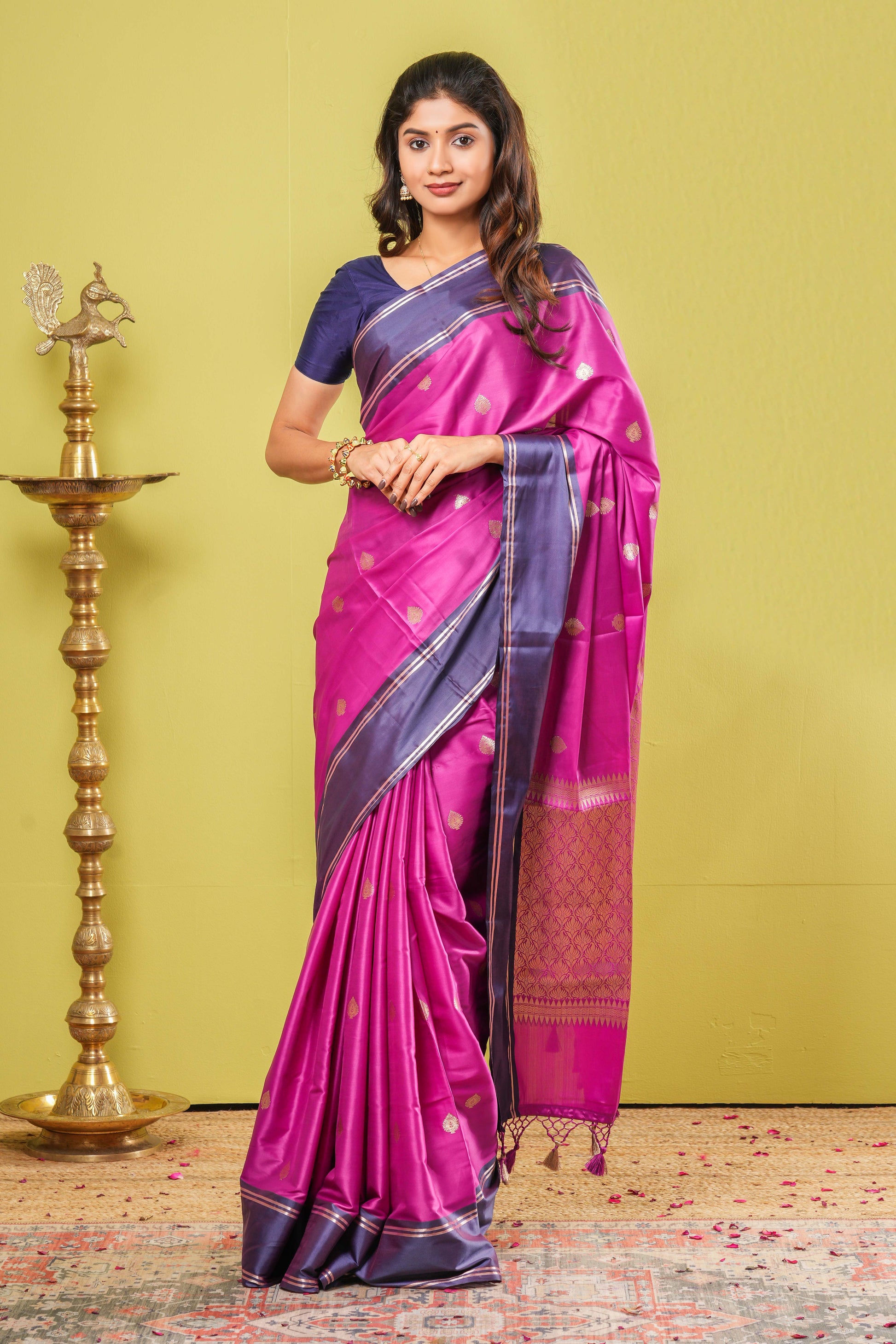 Pink semi soft silk zari butta saree
