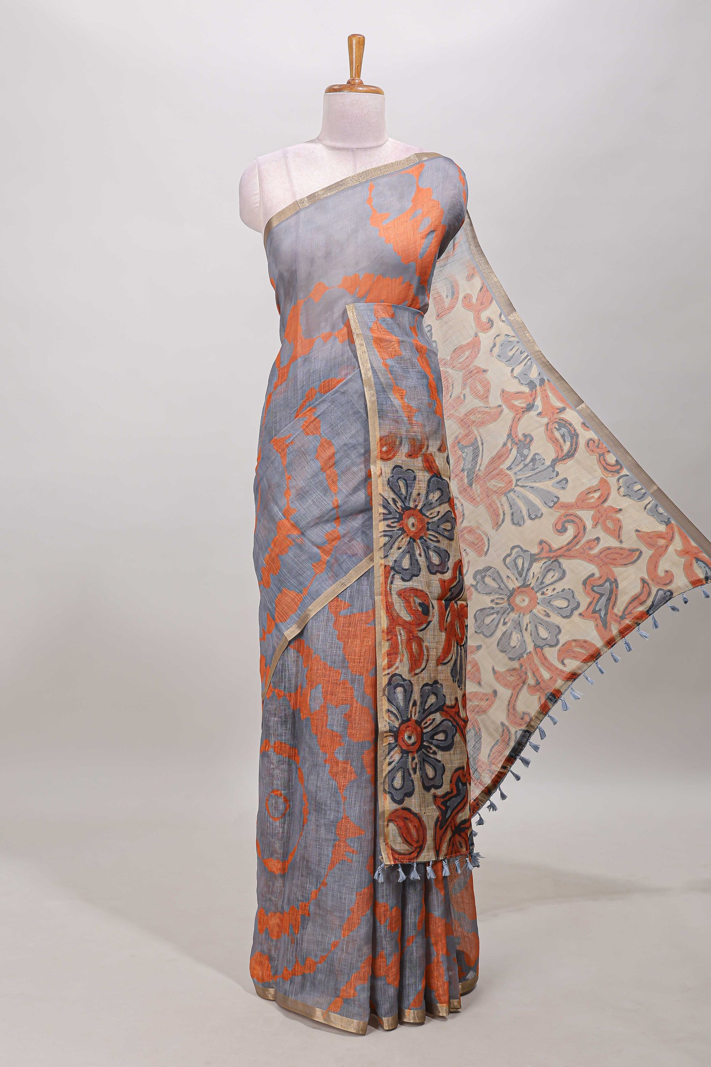 Pink shibori print linen cotton saree