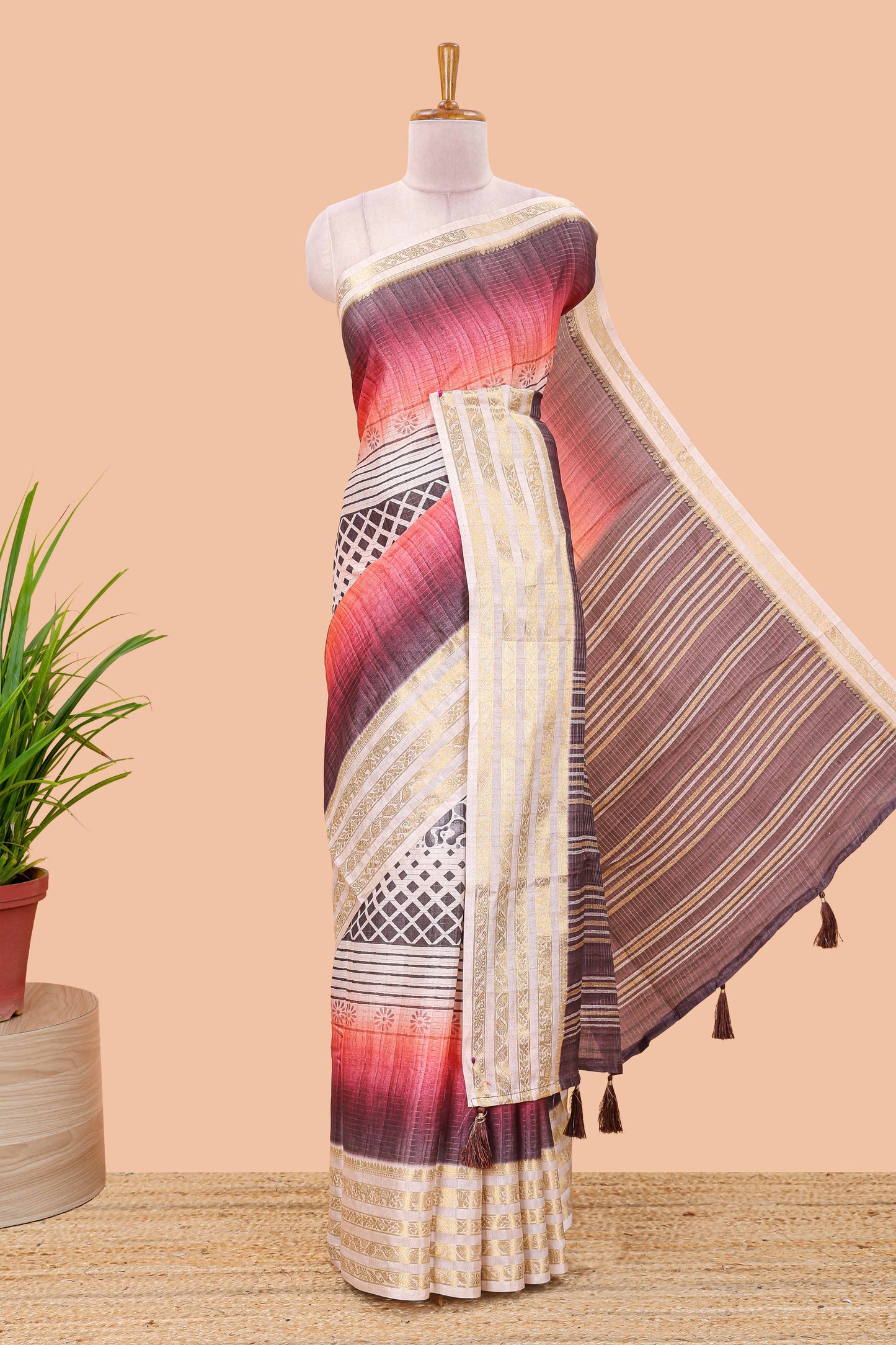 Pink silk drape saree