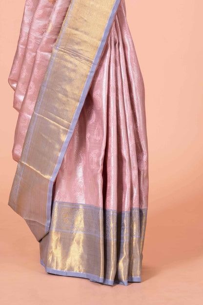Pink silk saree with silver zari work