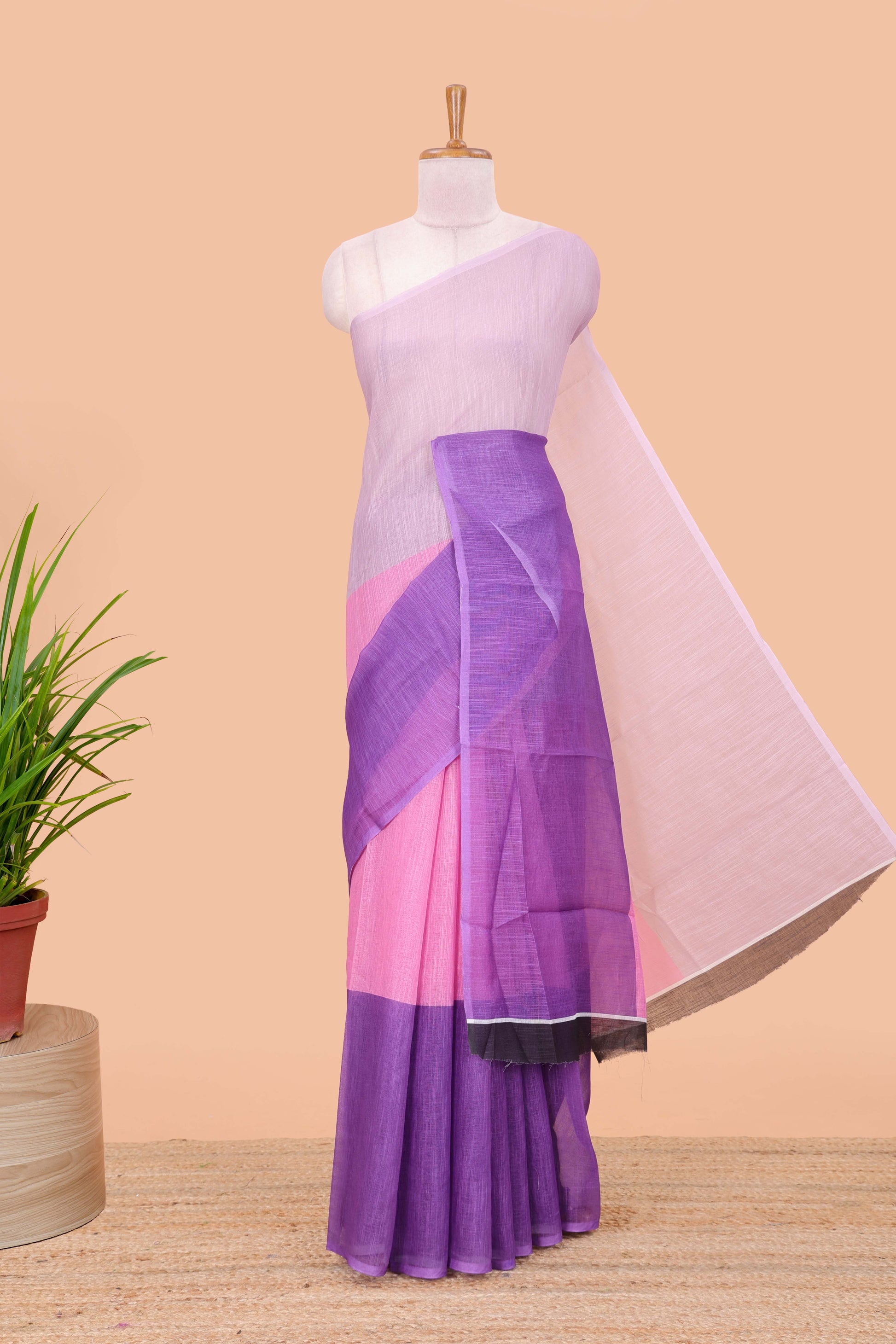 Pink violet plain linen saree