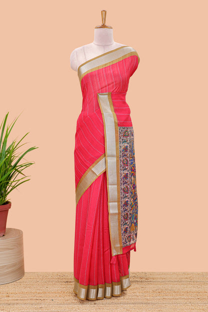 Pink zari border linen saree