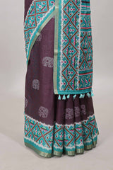 Plum violet printed blouse saree 