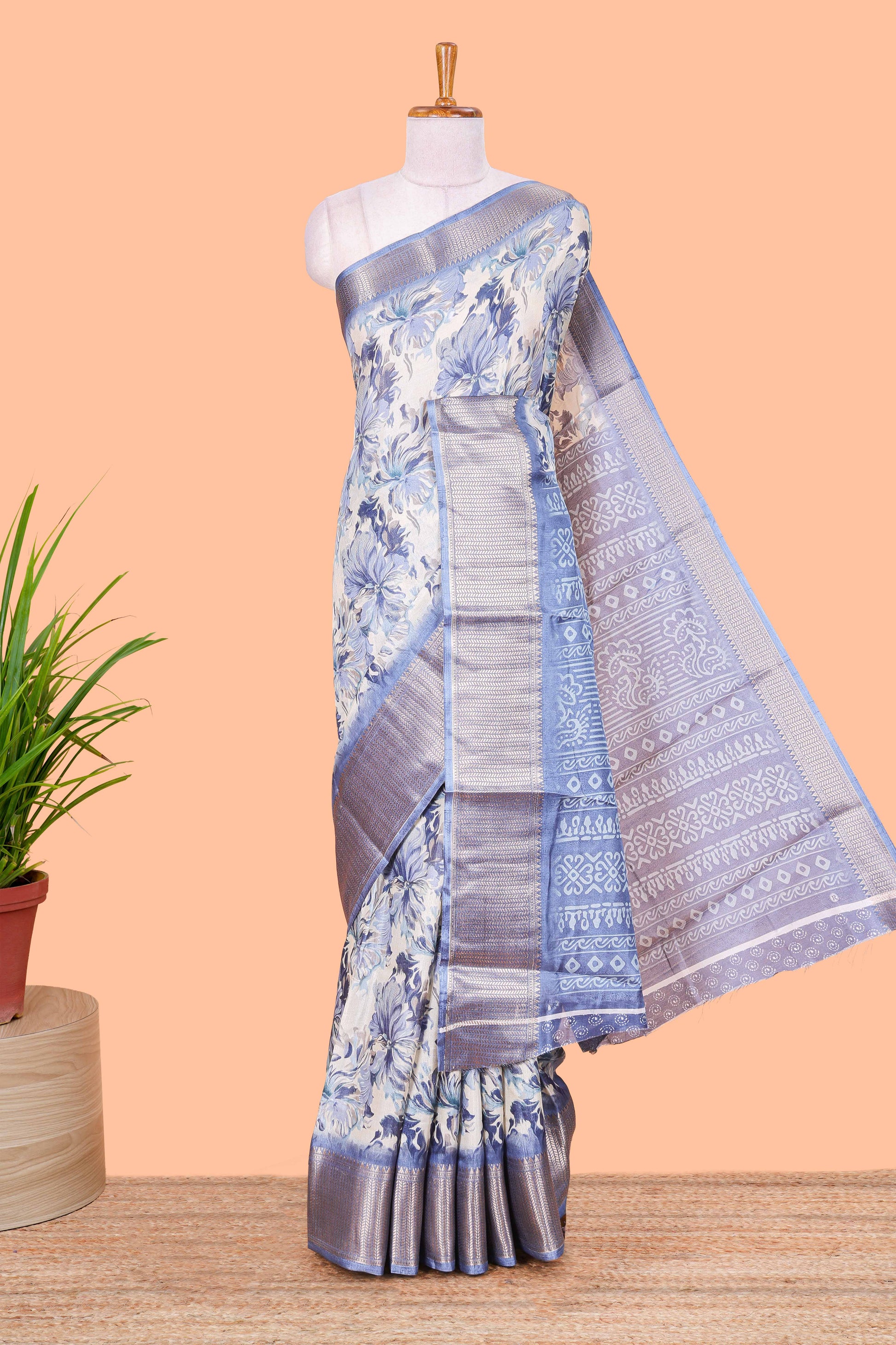 Powder blue semi dola floral saree