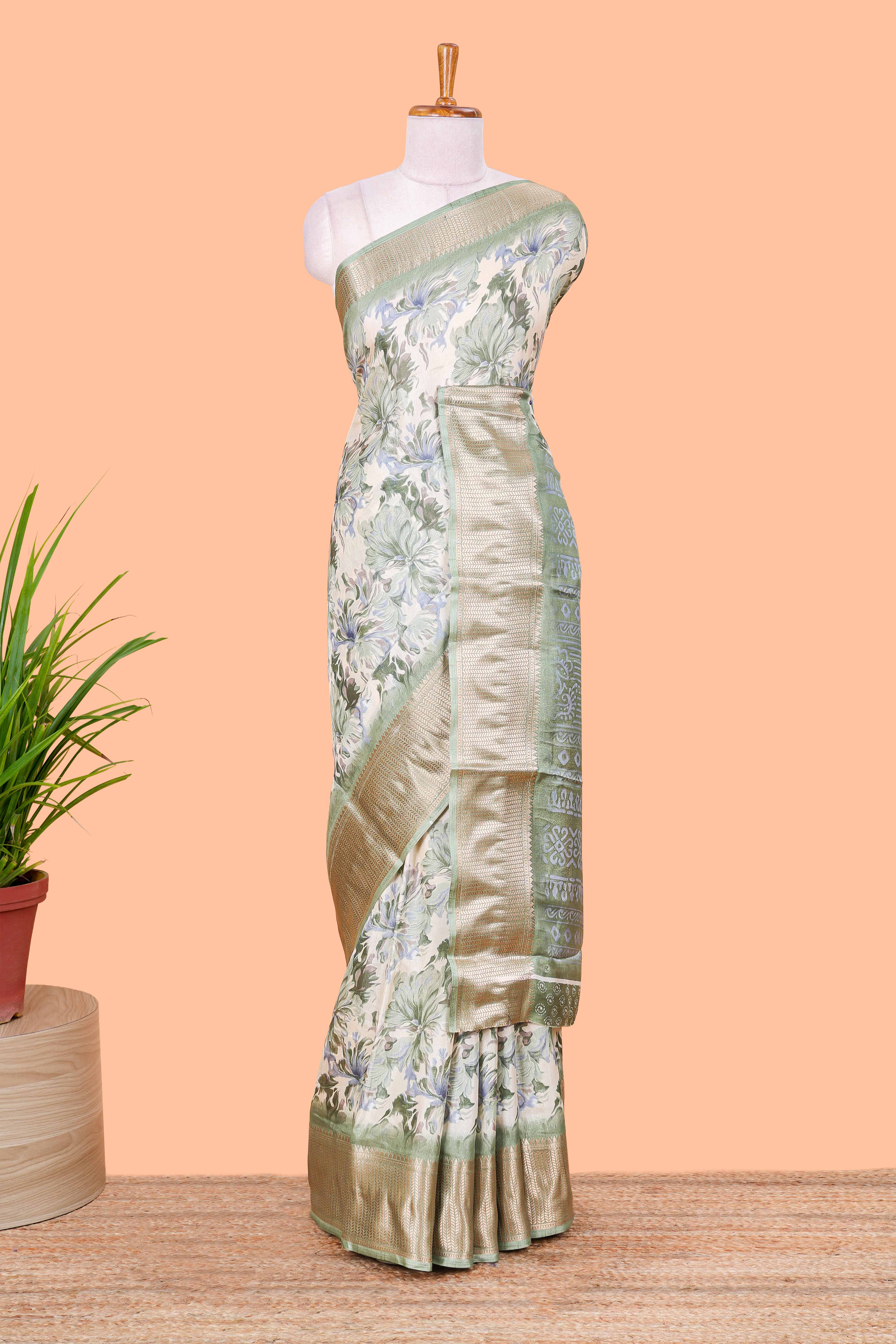 Powder green semi dola printed saree