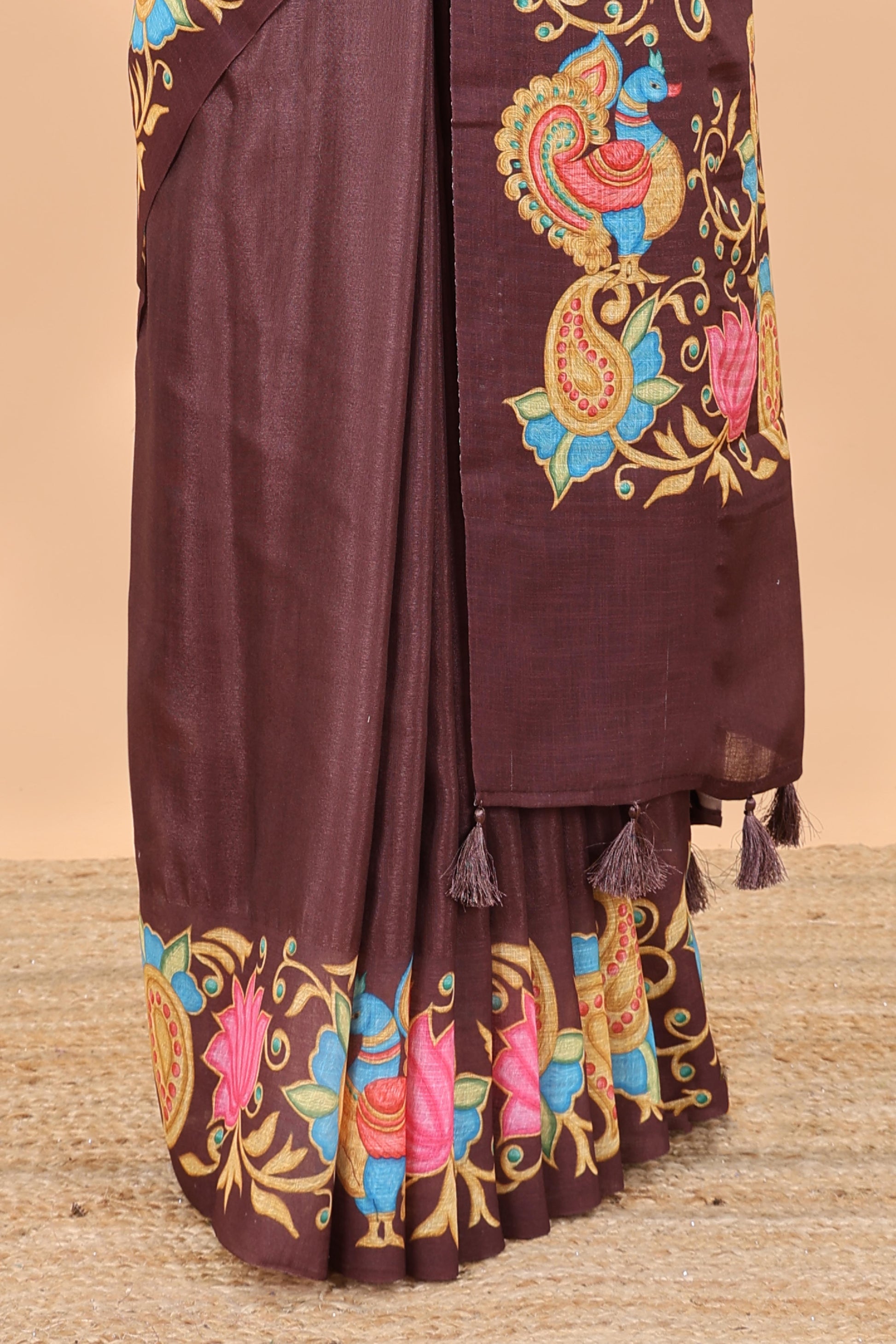 Printed pallu brown linen saree