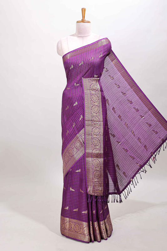Purple art raw silk zari check saree