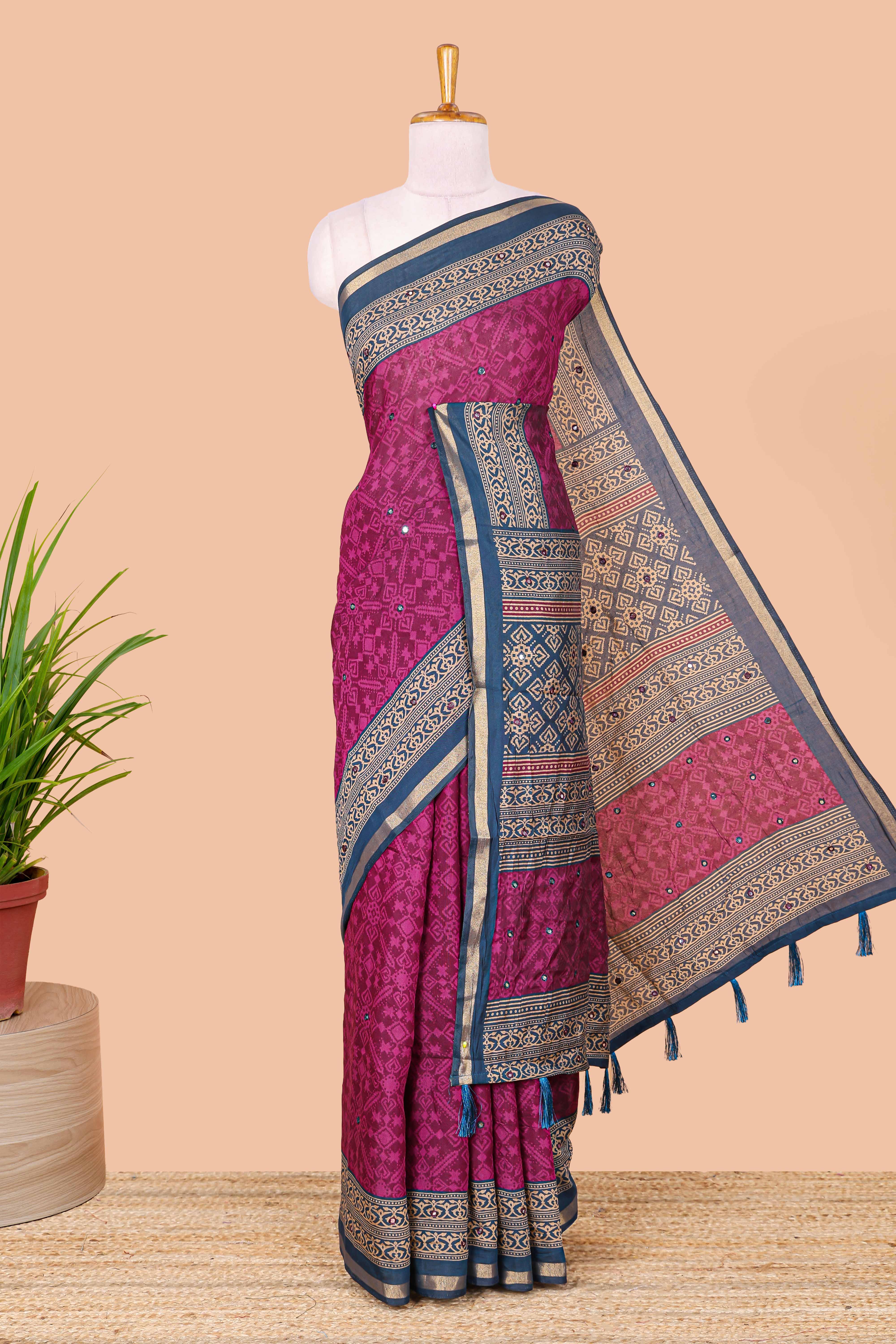 Purple chanderi cotton saree geometric diamond mirror work