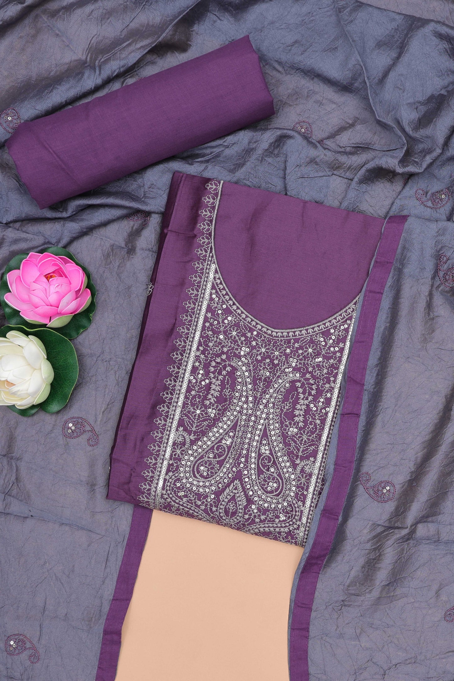 Purple cotton silk sequin embroidery suit set