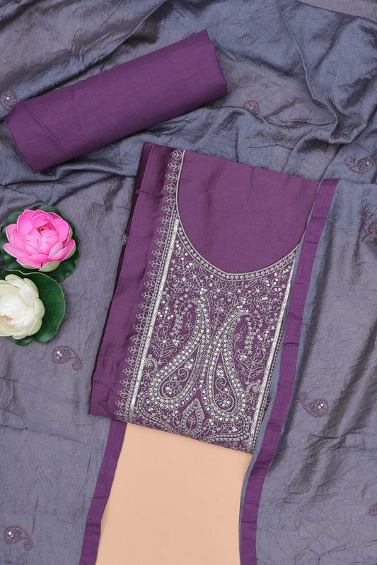 Purple cotton silk sequin embroidery suit set