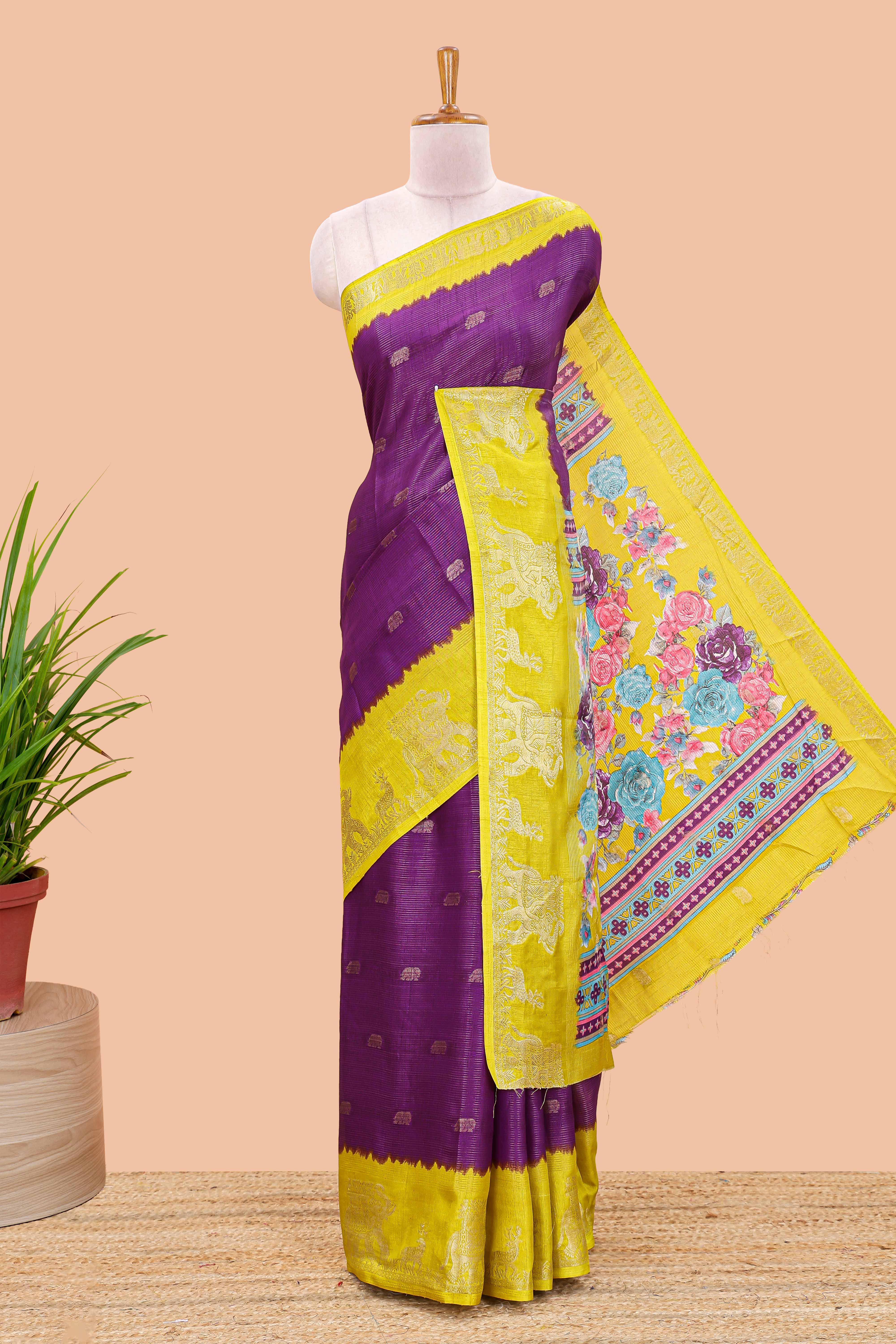 Purple dola silk elephant saree