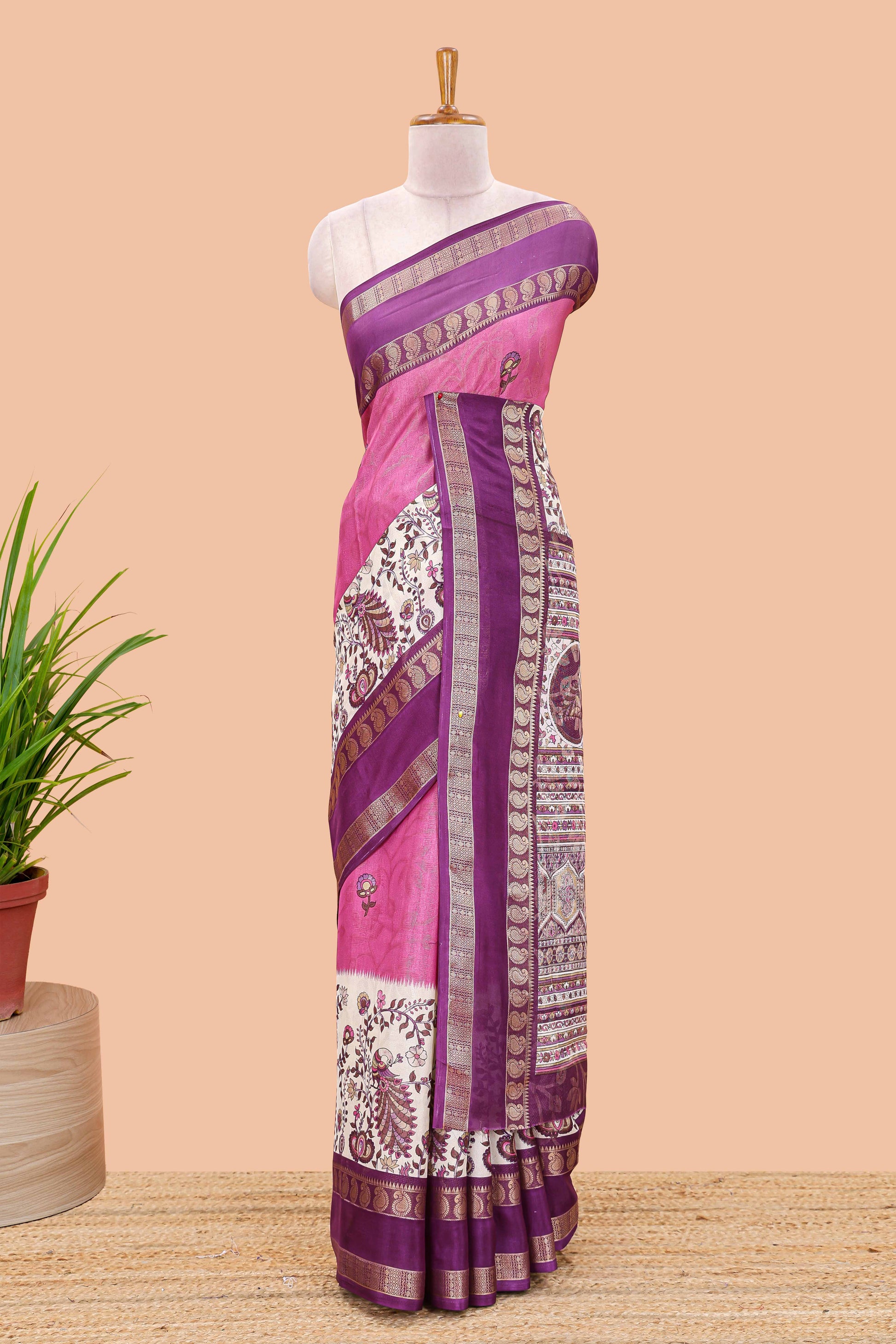 Purple dola silk kalamkari pallu saree